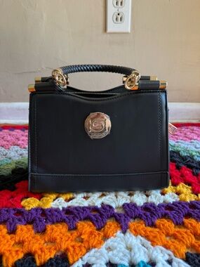 bebe Black Mini Top-Handle Bag with Gold Hardware